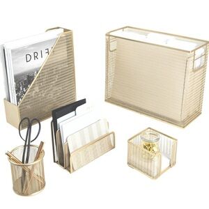 Blu Monaco 5 Piece Office Supplies Gold Desk Organizer Set Desktop Hanging File